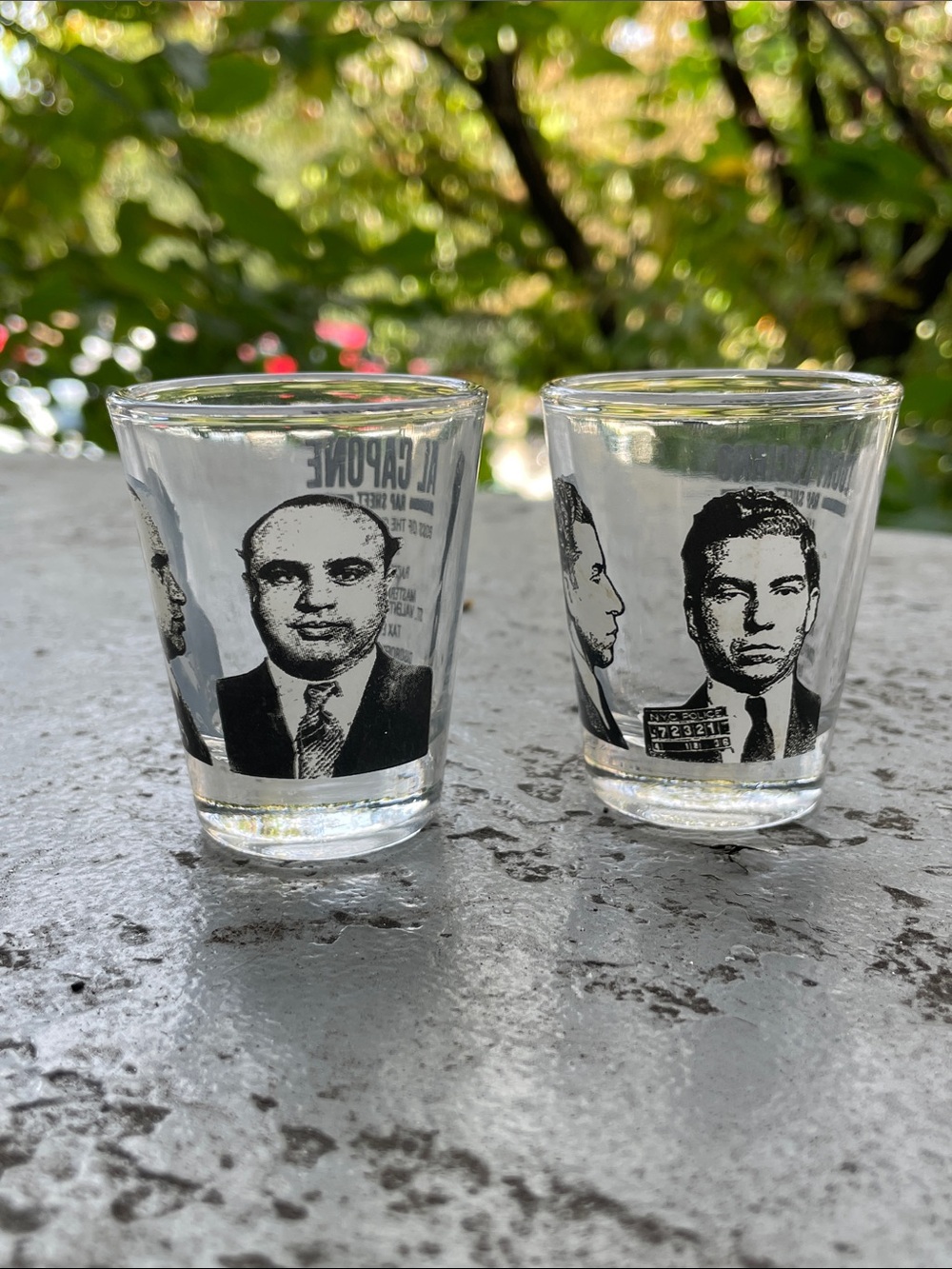 Gangster Shot Glasses Mugshot Al Capone and Lucky Luciano Set of 2 “Americana”